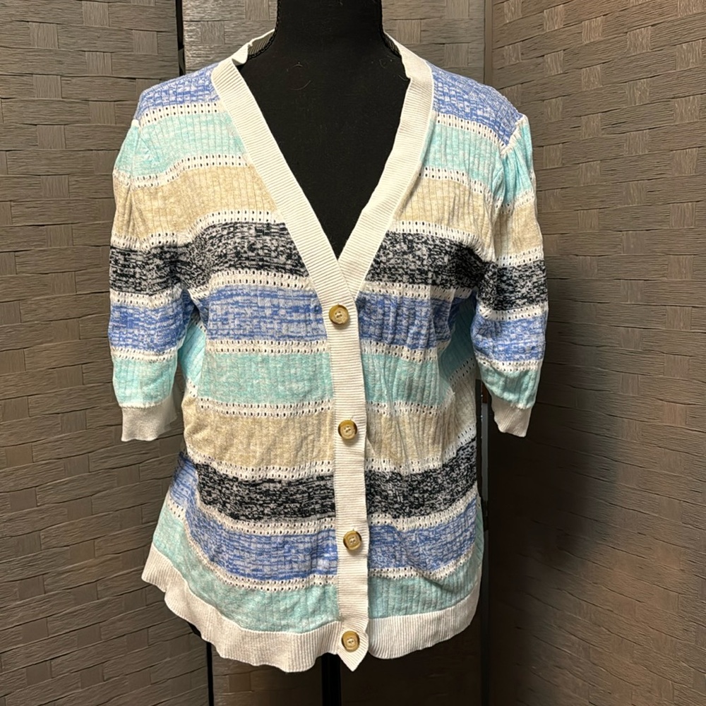 LOFT XL. Short sleeve striped cardigan